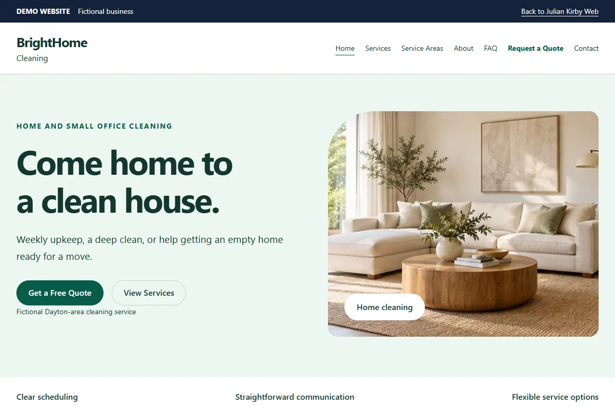 BrightHome Cleaning demo homepage screenshot